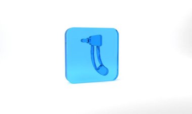 Blue Tooth drill icon isolated on grey background. Dental handpiece for drilling and grinding tools. Glass square button. 3d illustration 3D render.