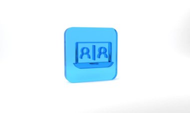 Blue Video chat conference icon isolated on grey background. Online meeting work form home. Remote project management. Glass square button. 3d illustration 3D render.