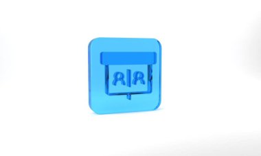 Blue Video chat conference icon isolated on grey background. Online meeting work form home. Remote project management. Glass square button. 3d illustration 3D render.