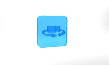 Blue 360 degree view icon isolated on grey background. Virtual reality. Angle 360 degree camera. Panorama photo. Glass square button. 3d illustration 3D render.