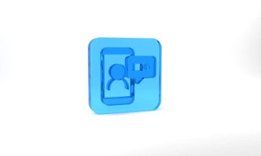 Blue Video chat conference icon isolated on grey background. Online meeting work form home. Remote project management. Glass square button. 3d illustration 3D render.