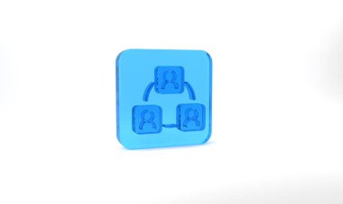 Blue Meeting icon isolated on grey background. Business team meeting, discussion concept, analysis, content strategy. Presentation conference. Glass square button. 3d illustration 3D render.