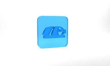 Blue Fish with sliced pieces with knife icon isolated on grey background. Glass square button. 3d illustration 3D render.