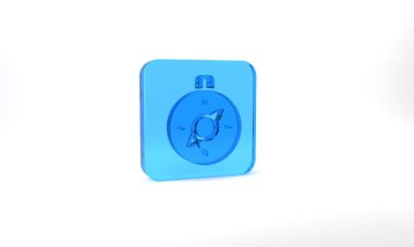 Blue Compass icon isolated on grey background. Windrose navigation symbol. Wind rose sign. Glass square button. 3d illustration 3D render.