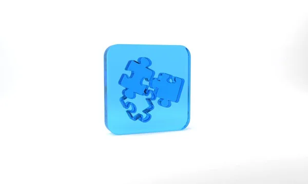 Blue Puzzle Pieces Toy Icon Isolated Grey Background Glass Square — Stok fotoğraf