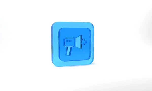 Blue Megaphone Icon Isolated Grey Background Speaker Sign Glass Square — Fotografia de Stock