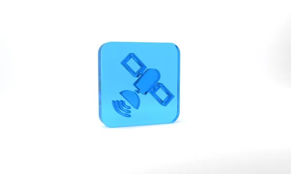 Blue Satellite Icon Isolated Grey Background Glass Square Button Illustration — ストック写真