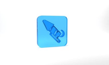 Blue Firework rocket icon isolated on grey background. Concept of fun party. Explosive pyrotechnic symbol. Glass square button. 3d illustration 3D render.