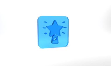 Blue Christmas star icon isolated on grey background. Merry Christmas and Happy New Year. Glass square button. 3d illustration 3D render.