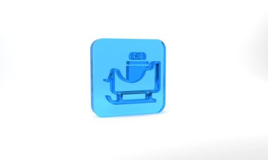 Blue Christmas santa claus sleigh with sack bag icon isolated on grey background. Merry Christmas and Happy New Year. Glass square button. 3d illustration 3D render.