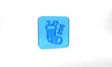 Blue Christmas stocking icon isolated on grey background. Merry Christmas and Happy New Year. Glass square button. 3d illustration 3D render.