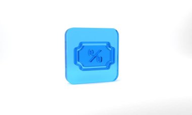Blue Discount percent tag icon isolated on grey background. Shopping tag sign. Special offer sign. Discount coupons symbol. Glass square button. 3d illustration 3D render.