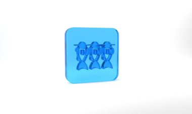 Blue Dried fish icon isolated on grey background. Glass square button. 3d illustration 3D render.