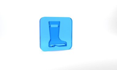 Blue Fishing boots icon isolated on grey background. Waterproof rubber boot. Gumboots for rainy weather, fishing, hunter, gardening. Glass square button. 3d illustration 3D render.