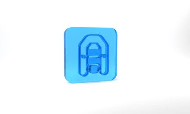 Blue Inflatable boat with outboard motor icon isolated on grey background. Glass square button. 3d illustration 3D render.