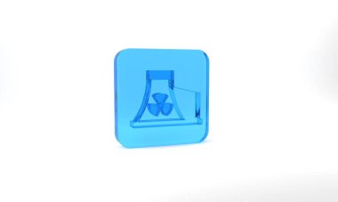 Blue Nuclear power plant icon isolated on grey background. Energy industrial concept. Glass square button. 3d illustration 3D render.