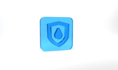 Blue Oil drop on shield icon isolated on grey background. Glass square button. 3d illustration 3D render.