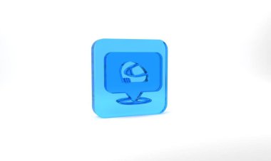 Blue Racing helmet icon isolated on grey background. Extreme sport. Sport equipment. Glass square button. 3d illustration 3D render.