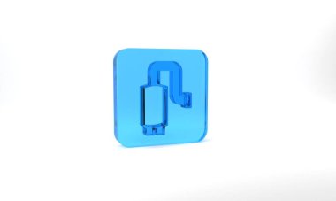 Blue Car muffler icon isolated on grey background. Exhaust pipe. Glass square button. 3d illustration 3D render.