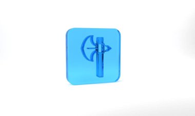 Blue Medieval axe icon isolated on grey background. Battle axe, executioner axe. Medieval weapon. Glass square button. 3d illustration 3D render.