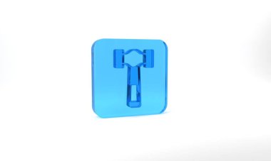 Blue Hammer icon isolated on grey background. Tool for repair. Glass square button. 3d illustration 3D render.