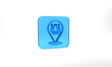 Blue Horseshoe icon isolated on grey background. Glass square button. 3d illustration 3D render.