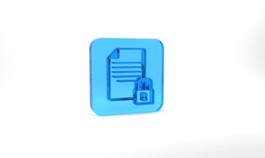 Blue Document and lock icon isolated on grey background. File format and padlock. Security, safety, protection concept. Glass square button. 3d illustration 3D render.