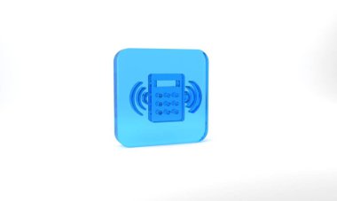 Blue Security system control panel with display icon isolated on grey background. Keypad of security system for entering inside. Glass square button. 3d illustration 3D render.