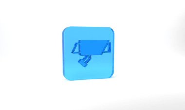 Blue Security camera icon isolated on grey background. Glass square button. 3d illustration 3D render.