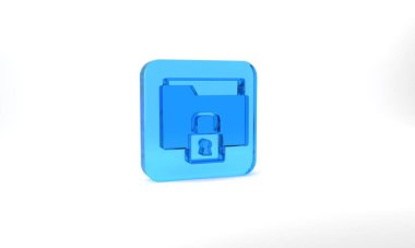 Blue Folder and lock icon isolated on grey background. Closed folder and padlock. Security, safety, protection concept. Glass square button. 3d illustration 3D render.