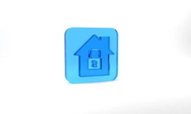 Blue House under protection icon isolated on grey background. Home and lock. Protection, safety, security, protect, defense concept. Glass square button. 3d illustration 3D render.