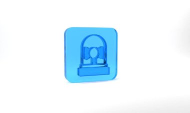 Blue Ringing alarm bell icon isolated on grey background. Fire alarm system. Service bell, handbell sign, notification symbol. Glass square button. 3d illustration 3D render.