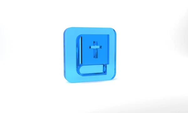 Blue Holy Bible Book Icon Isolated Grey Background Glass Square — Stock Photo, Image