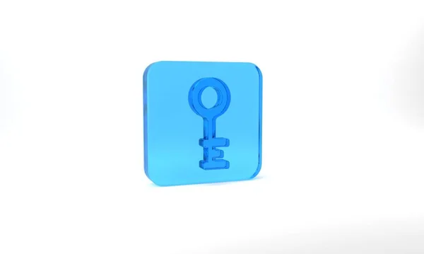 Синяя Иконка Старого Ключа Сером Фоне Стеклянная Кнопка Рендеринг — стоковое фото