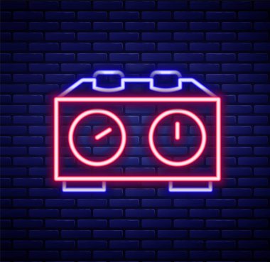 Glowing neon line Time chess clock icon isolated on brick wall background. Sport equipment. Colorful outline concept. Vector.