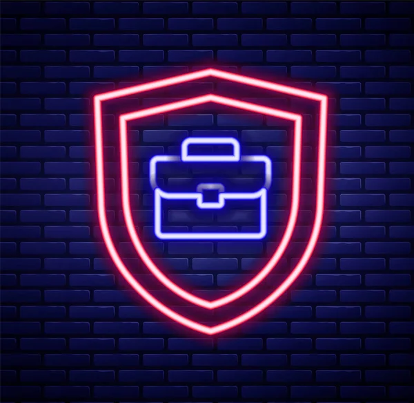 Glowing Neon Line Briefcase Shield Icon Isolated Brick Wall Background — Stockvektor
