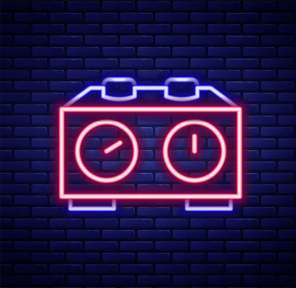 Glowing neon line Time chess clock icon isolated on brick wall background. Sport equipment. Colorful outline concept. Vector.