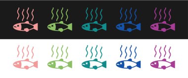 Ölü balık simgesini siyah beyaz arkaplanda izole et. Çürük balık. Vektör.