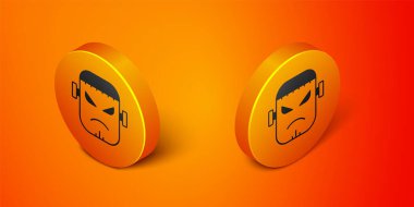 Isometric Scary monster - Frankenstein face icon isolated on orange background. Happy Halloween party. Orange circle button. Vector.