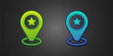 Green and blue Map pointer with star icon isolated on black background. Star favorite pin map icon. Map markers. Vector.