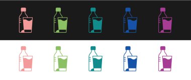 Siyah ve beyaz arkaplanda cam simgesi olan bir şişe su. Soda su içme tabelası. Vektör.