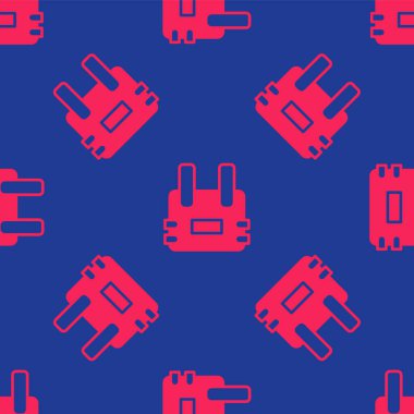 Red Bulletproof vest for protection from bullets icon isolated seamless pattern on blue background. Body armor sign. Military clothing. Vector.