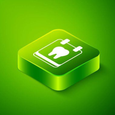 Isometric Calendar with tooth icon isolated on green background. International Dentist Day, March 6. March holiday calendar. Green square button. Vector.