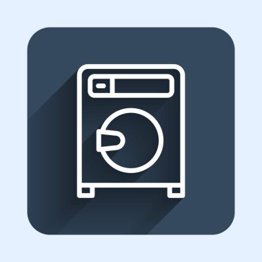 Beyaz çizgi yıkama simgesi uzun gölge arkaplan izole. Çamaşır makinesi simgesi. Çamaşır makinesi, çamaşır makinesi. Ev aletleri sembolü. Mavi kare düğme. Vektör.