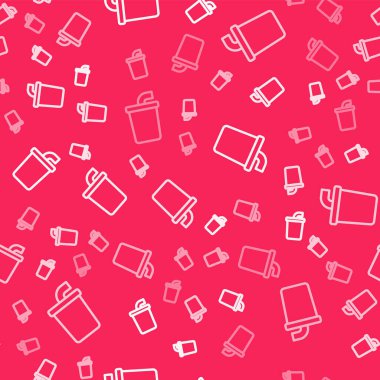 Saman ve su ikonu içen beyaz çizgi kağıt bardak kırmızı arka planda izole edilmiş kusursuz desen. Soda bardağı. Taze soğuk içecek sembolü. Vektör.