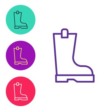 Beyaz arkaplanda su geçirmez lastik bot simgesi var. Yağmurlu hava, balıkçılık, bahçe işleri için çizme. Simgeleri renklendirin. Vektör.