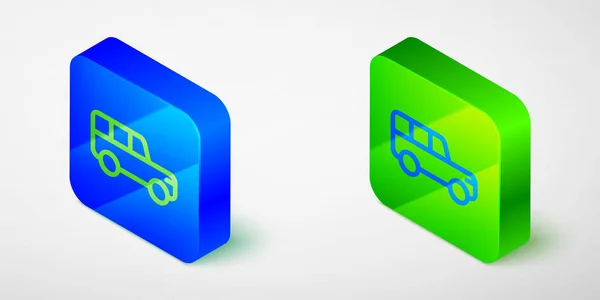 Isometric Line Safari Car Icon Isolated Grey Background Blue Green — Archivo Imágenes Vectoriales