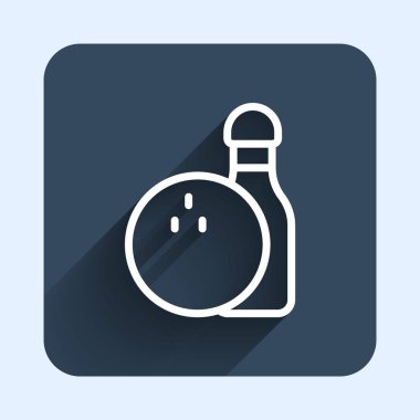 Beyaz çizgi bovling lobutları ve uzun gölge arkaplan izole edilmiş top ikonu. Spor malzemeleri. Mavi kare düğme. Vektör.