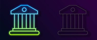 Parlayan neon hattı banka binası simgesi siyah arkaplanda izole edildi. Vektör.