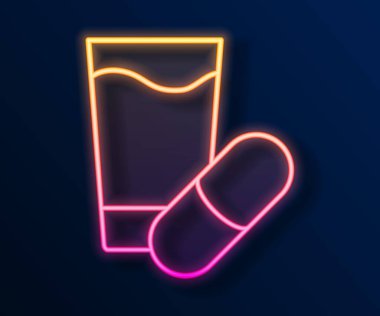 Parlayan neon hattı siyah arka planda izole edilmiş uyku hapı ikonu. Vektör.